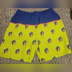 Bucees Blue and Neon Green Elastic Waist Swim‎ Shorts Sz MED